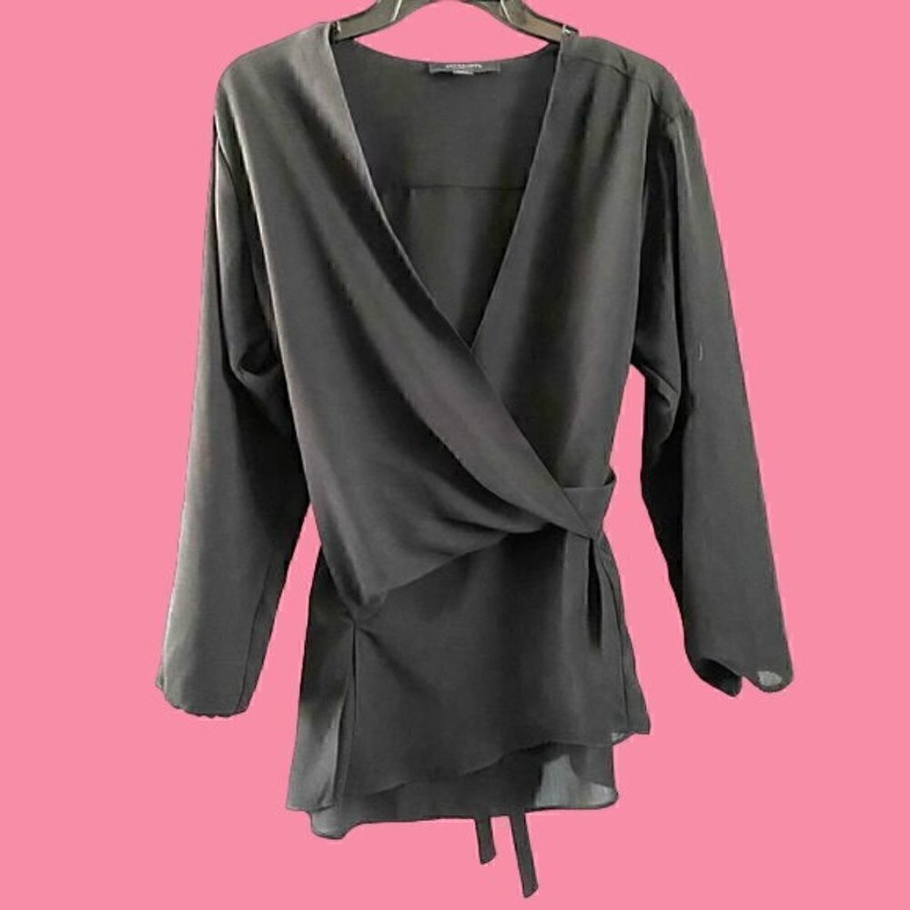 Allsaints Black Wrap Mia Sleeve Top Blouse XS Polyester